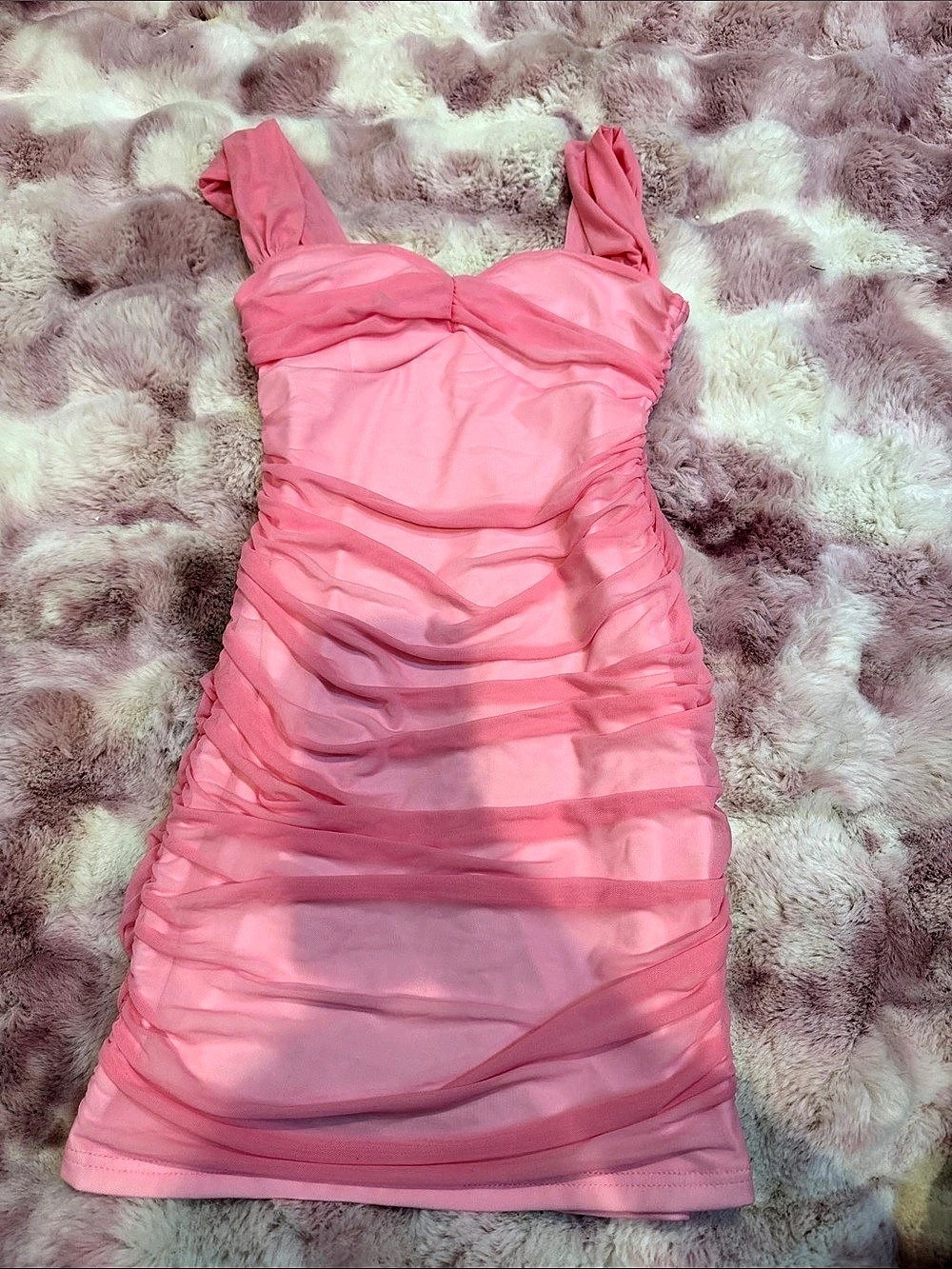Ruched Mesh Mini Dress in Pink Like New